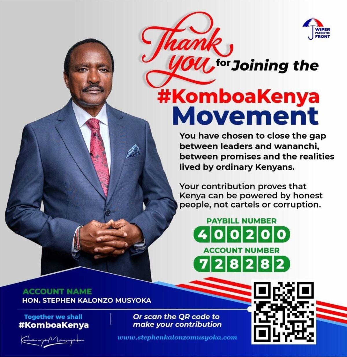 Wiper Launches Paybill for Kalonzo’s 2027 Presidential Bid